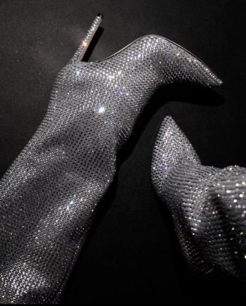 Stivali alti con tacco a spillo argento con strass