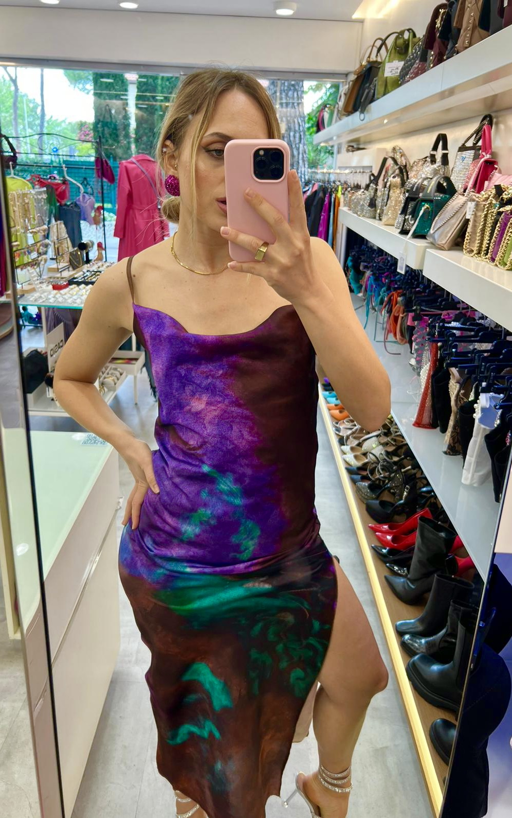 Abito lungo tie dye base viola e marrone