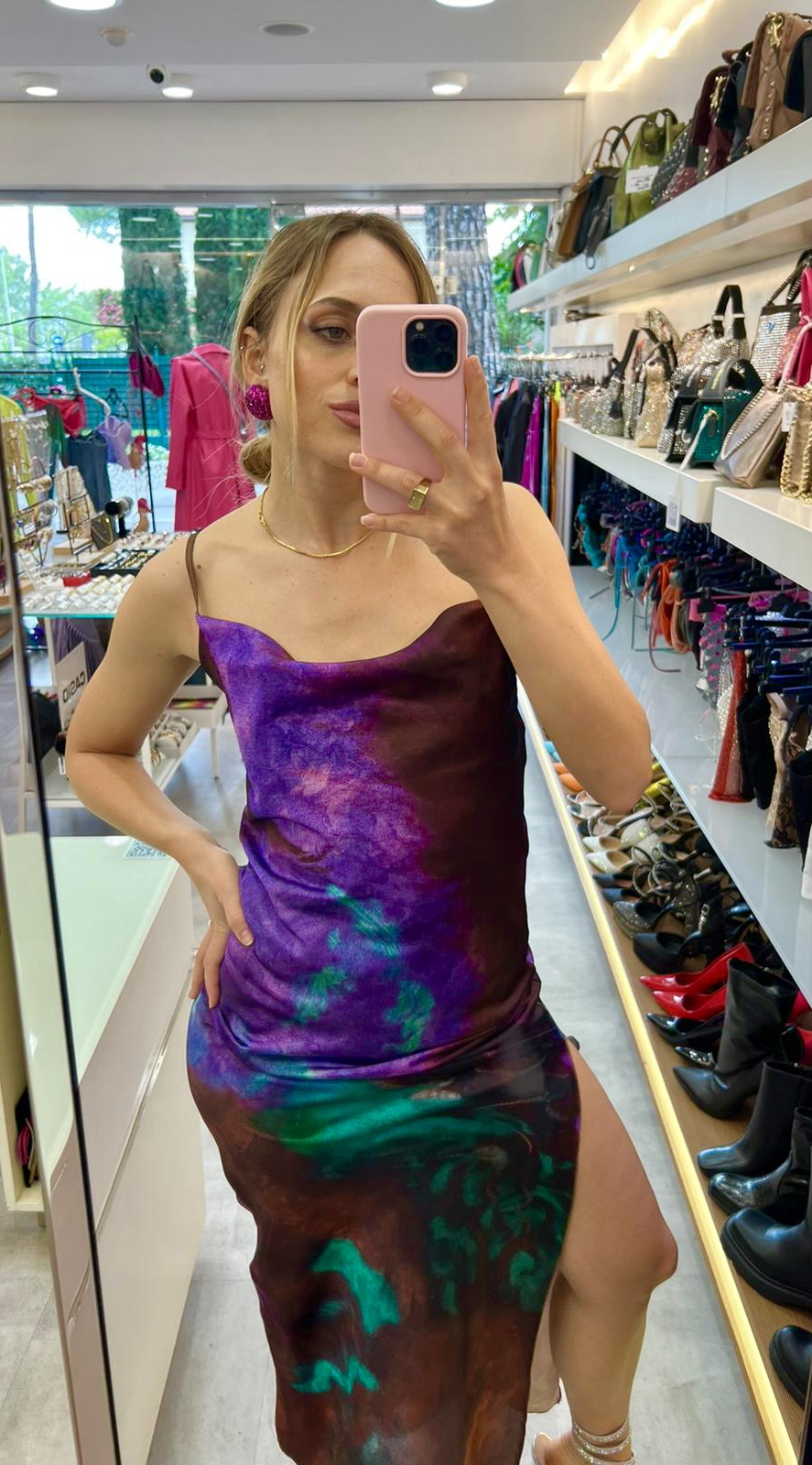 Abito lungo tie dye base viola e marrone