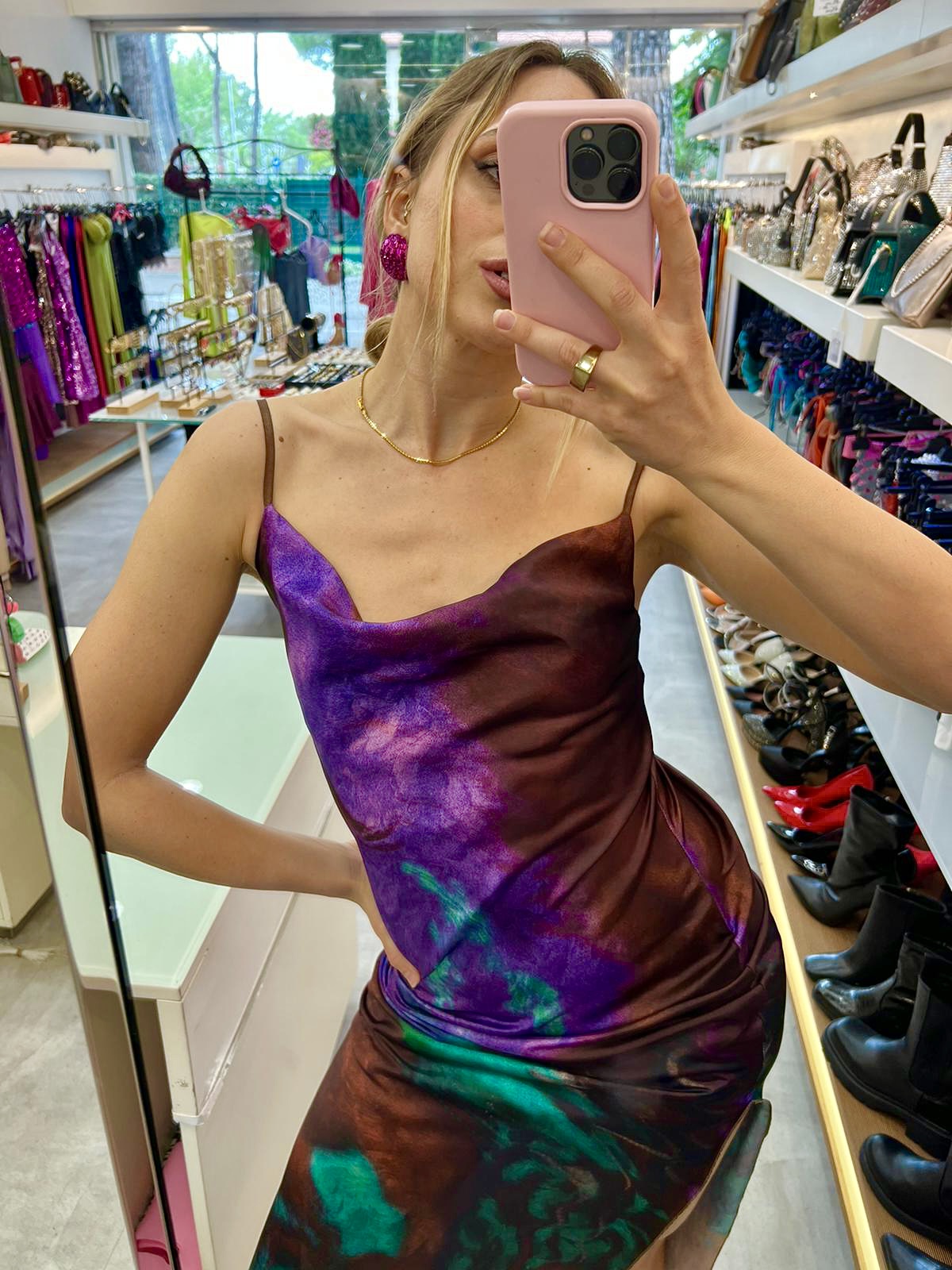 Abito lungo tie dye base viola e marrone