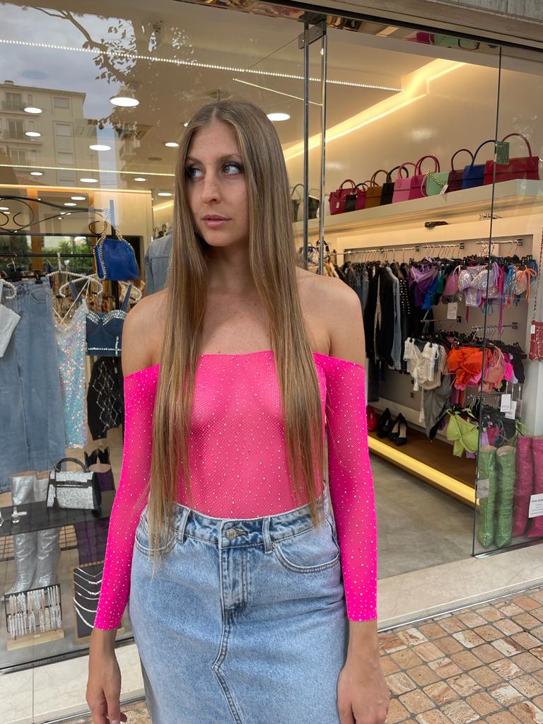 Body fuxia a rete trasparente con brillantini