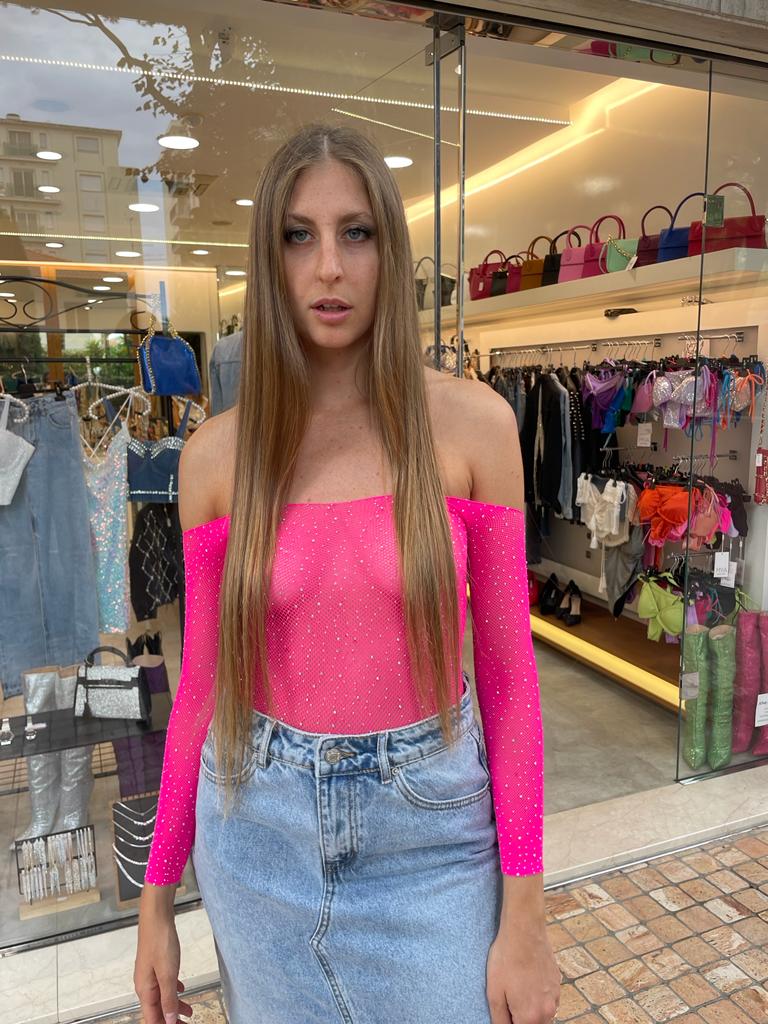 Body fuxia a rete trasparente con brillantini