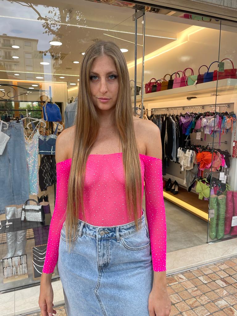 Body fuxia a rete trasparente con brillantini