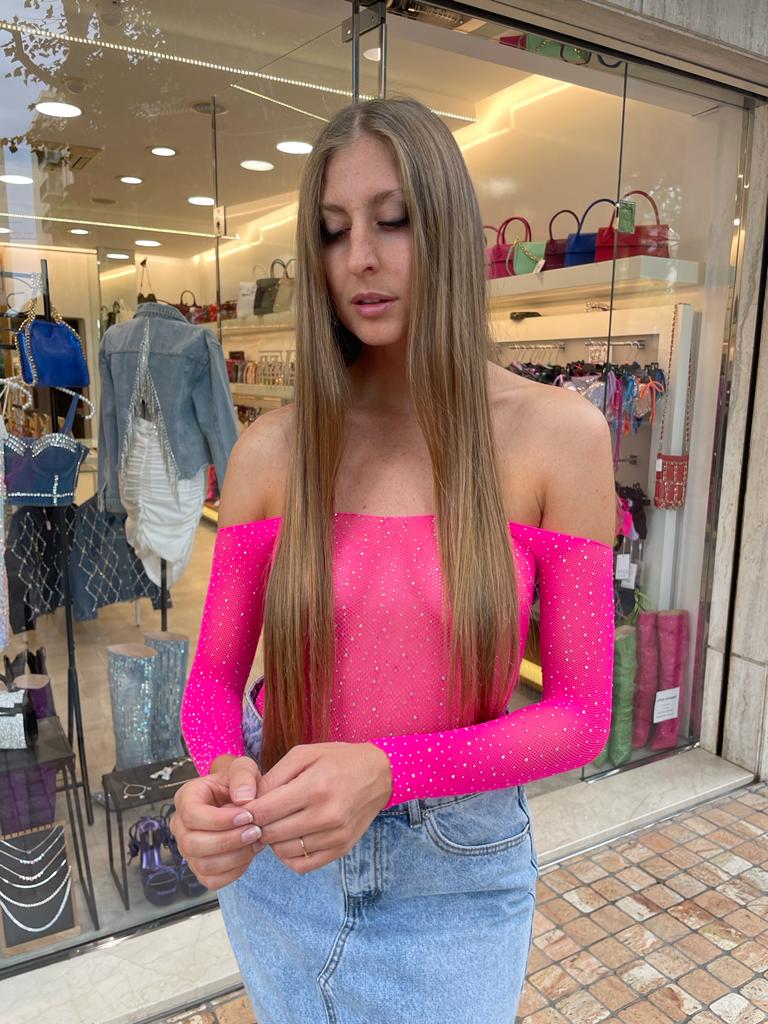Body fuxia a rete trasparente con brillantini