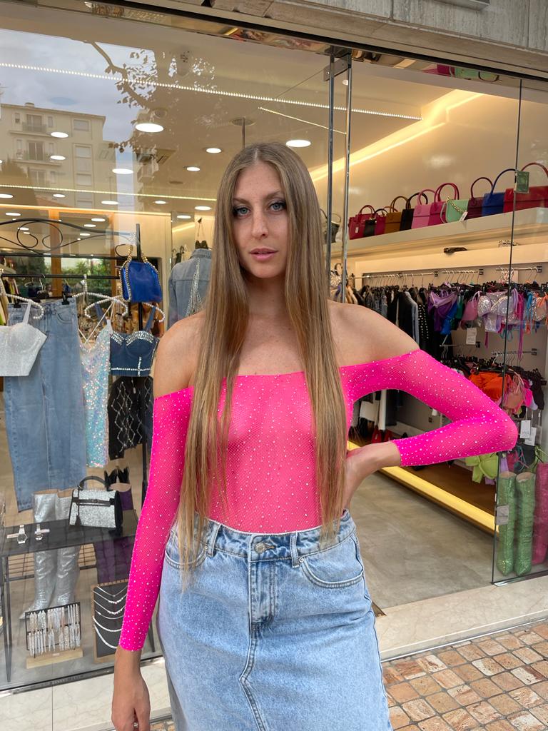 Body fuxia a rete trasparente con brillantini