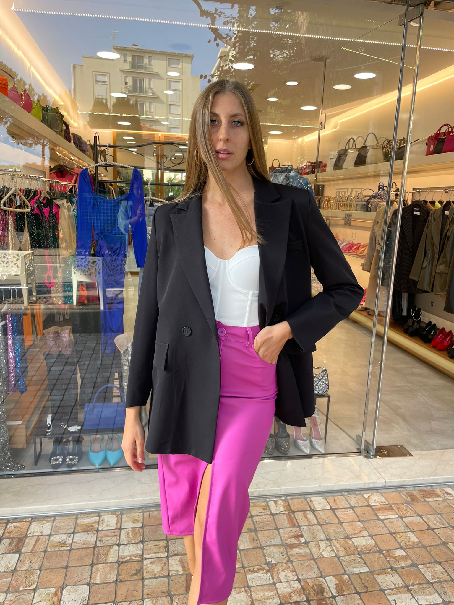 Gonna lunga in ecopelle fuxia con spacco
