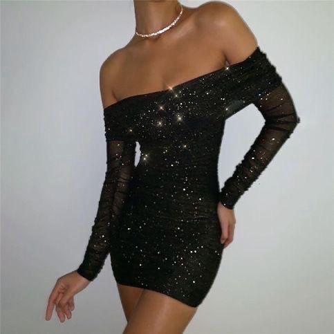 Abitino nero glitter con scollo a barchetta