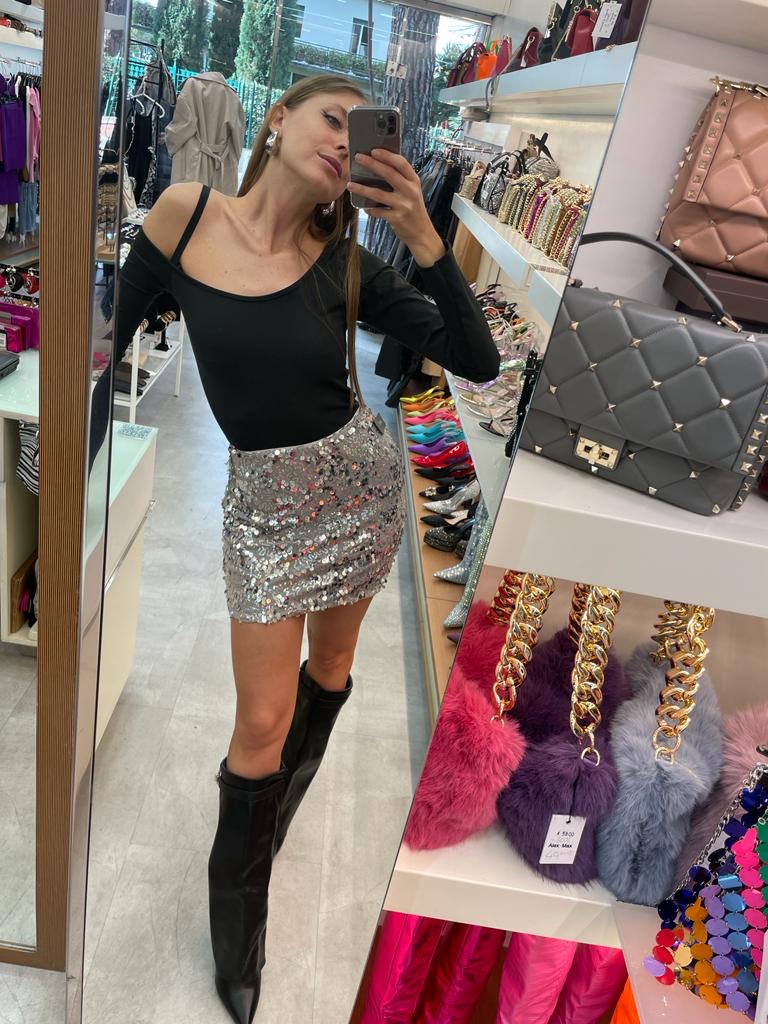 Gonna argento con paillettes boreali grandi e piccole