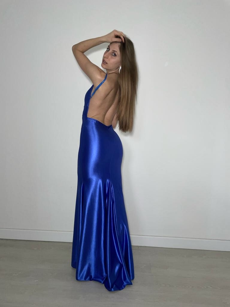 Abito lungo blu elettrico a sirena con schiena scoperta