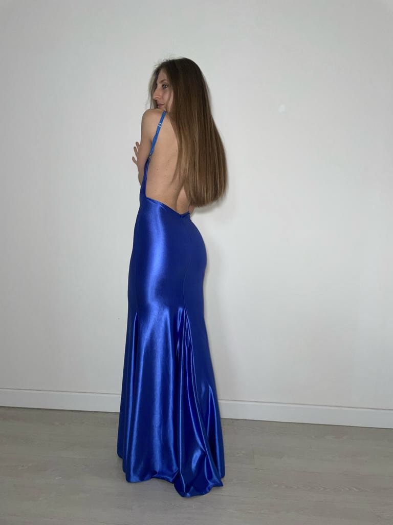 Abito lungo blu elettrico a sirena con schiena scoperta