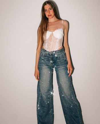 Jeans blu scuro larghi con strass