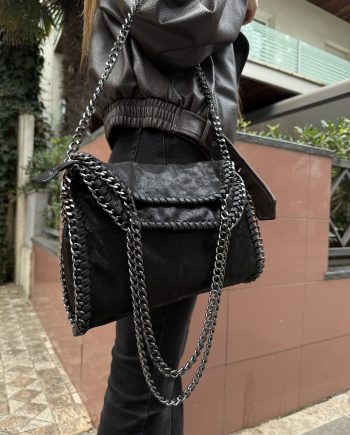 Borsa in tessuto nero a effetto laminato misura media