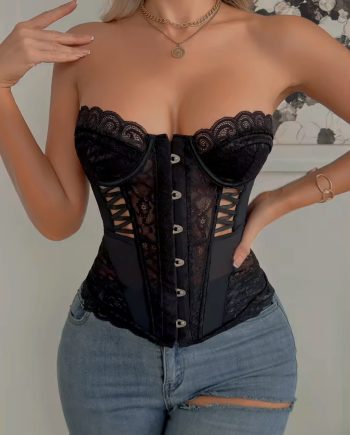 Top a bustino lungo nero in pizzo con ganci frontali