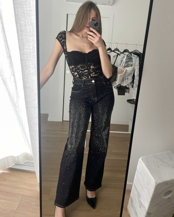 Jeans con strass frontali blu molto scuro a palazzo